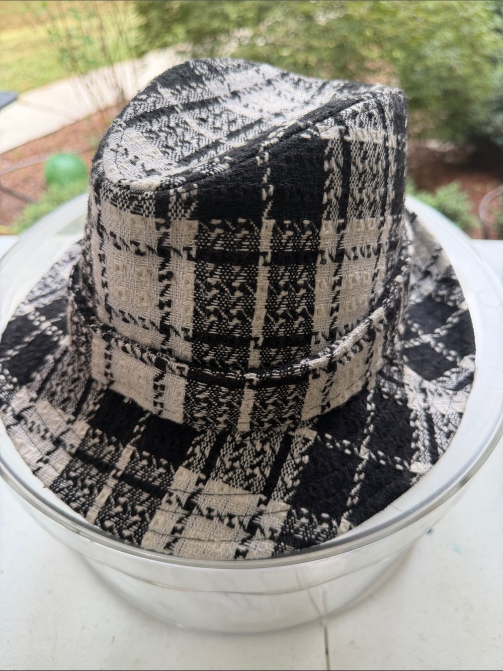 Badgley Mischka Black and White Plaid Fedora Hat